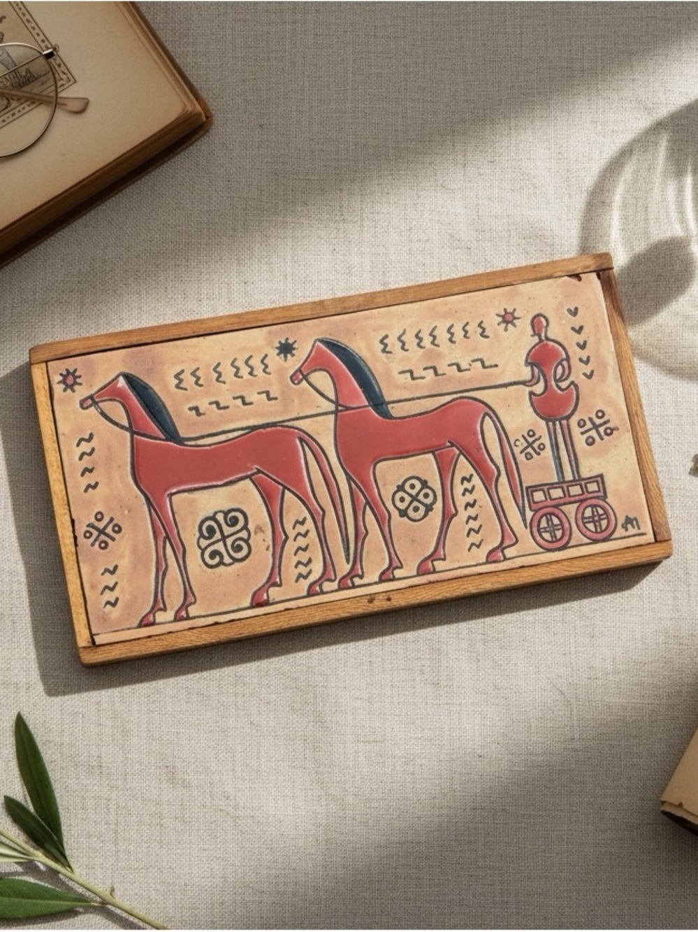 1970s Wall Art Terracotta Tile Greek Horse Chariot Angelos Tsakirakis